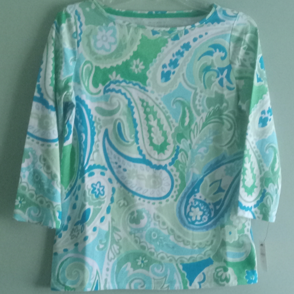 Talbots Paisley Long Sleeve Top - Green and Blue